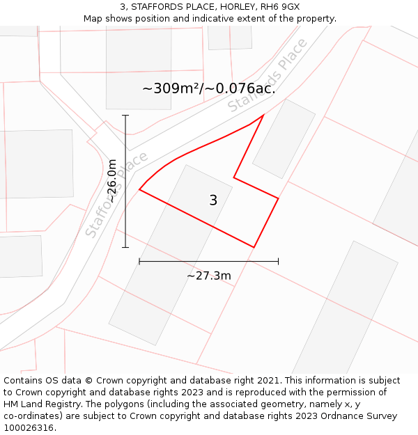 3, STAFFORDS PLACE, HORLEY, RH6 9GX: Plot and title map