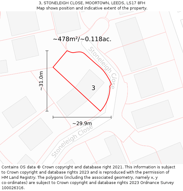 3, STONELEIGH CLOSE, MOORTOWN, LEEDS, LS17 8FH: Plot and title map