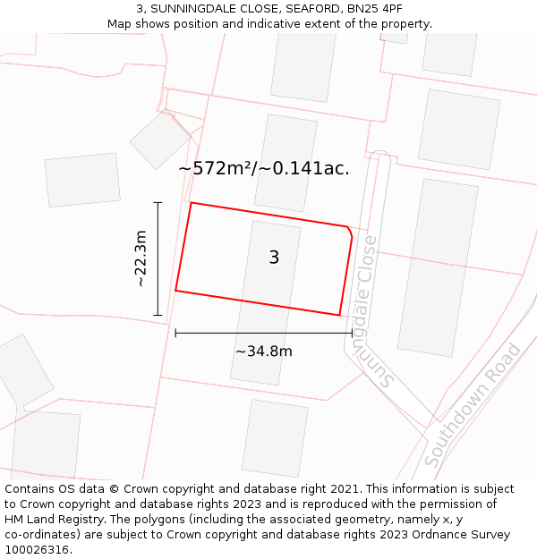 3, SUNNINGDALE CLOSE, SEAFORD, BN25 4PF: Plot and title map