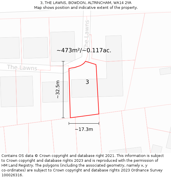 3, THE LAWNS, BOWDON, ALTRINCHAM, WA14 2YA: Plot and title map