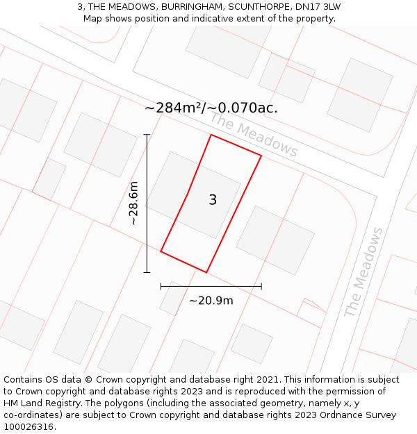 3, THE MEADOWS, BURRINGHAM, SCUNTHORPE, DN17 3LW: Plot and title map