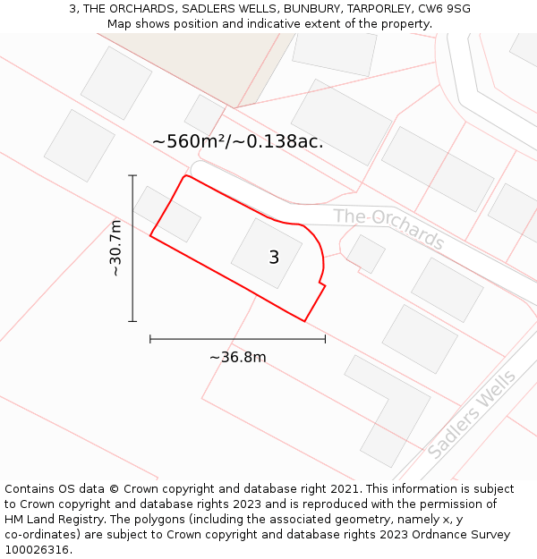 3, THE ORCHARDS, SADLERS WELLS, BUNBURY, TARPORLEY, CW6 9SG: Plot and title map