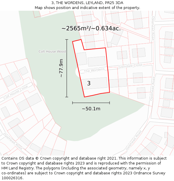 3, THE WORDENS, LEYLAND, PR25 3DA: Plot and title map