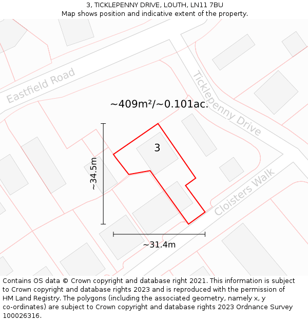 3, TICKLEPENNY DRIVE, LOUTH, LN11 7BU: Plot and title map