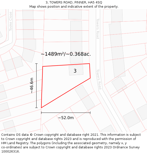 3, TOWERS ROAD, PINNER, HA5 4SQ: Plot and title map