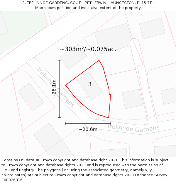 3, TRELINNOE GARDENS, SOUTH PETHERWIN, LAUNCESTON, PL15 7TH: Plot and title map