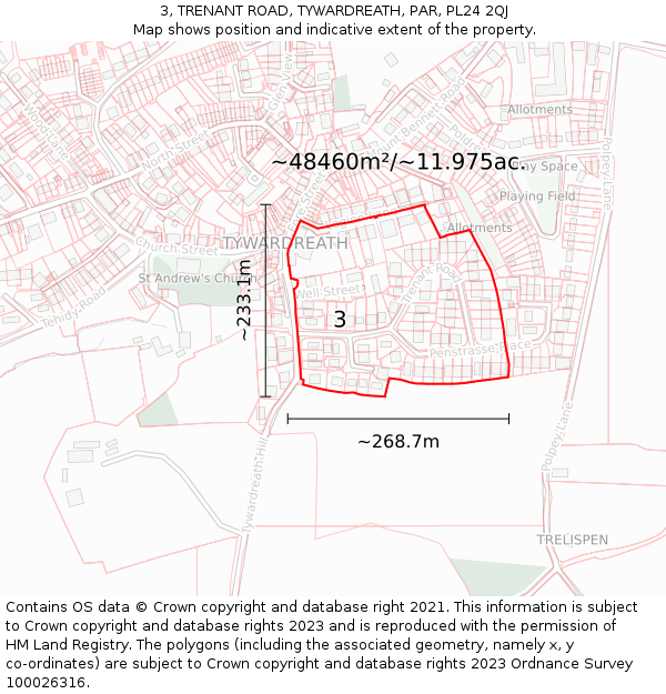 3, TRENANT ROAD, TYWARDREATH, PAR, PL24 2QJ: Plot and title map