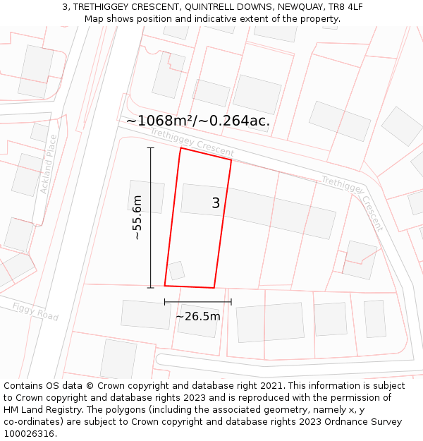 3, TRETHIGGEY CRESCENT, QUINTRELL DOWNS, NEWQUAY, TR8 4LF: Plot and title map