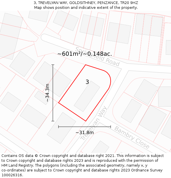 3, TREVELYAN WAY, GOLDSITHNEY, PENZANCE, TR20 9HZ: Plot and title map