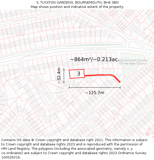 3, TUCKTON GARDENS, BOURNEMOUTH, BH6 3BN: Plot and title map