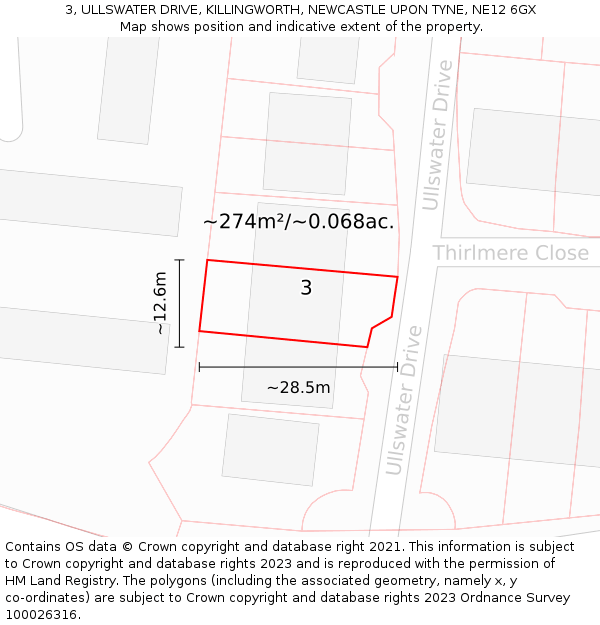 3, ULLSWATER DRIVE, KILLINGWORTH, NEWCASTLE UPON TYNE, NE12 6GX: Plot and title map