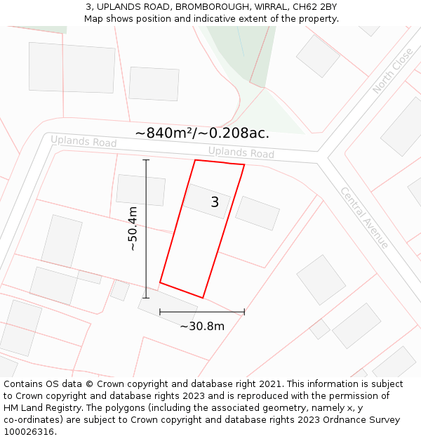 3, UPLANDS ROAD, BROMBOROUGH, WIRRAL, CH62 2BY: Plot and title map