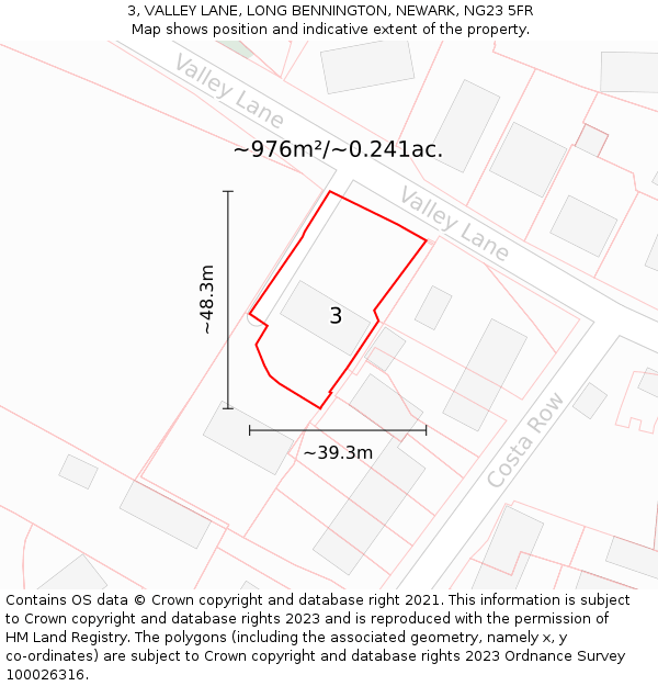 3, VALLEY LANE, LONG BENNINGTON, NEWARK, NG23 5FR: Plot and title map