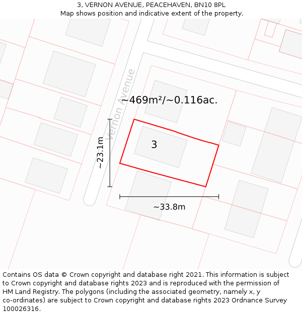 3, VERNON AVENUE, PEACEHAVEN, BN10 8PL: Plot and title map