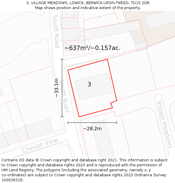 3, VILLAGE MEADOWS, LOWICK, BERWICK-UPON-TWEED, TD15 2GR: Plot and title map