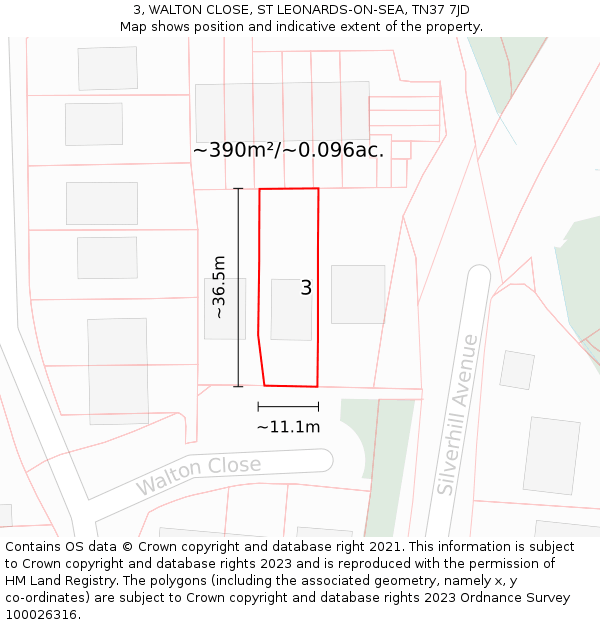 3, WALTON CLOSE, ST LEONARDS-ON-SEA, TN37 7JD: Plot and title map