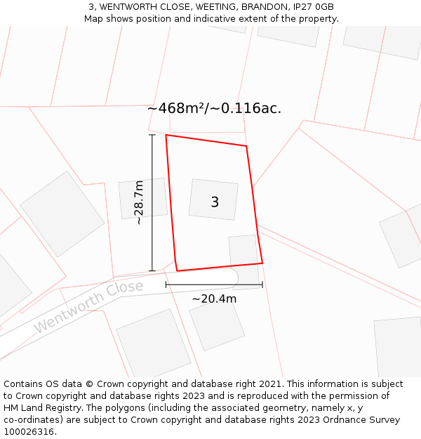 3, WENTWORTH CLOSE, WEETING, BRANDON, IP27 0GB: Plot and title map
