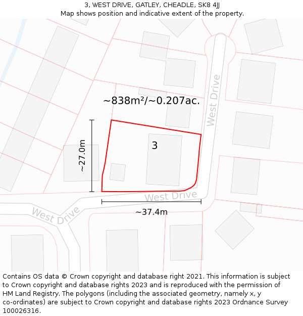 3, WEST DRIVE, GATLEY, CHEADLE, SK8 4JJ: Plot and title map