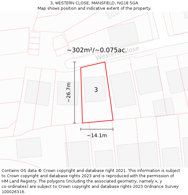 3, WESTERN CLOSE, MANSFIELD, NG18 5GA: Plot and title map