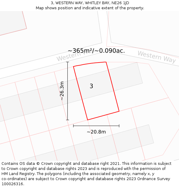 3, WESTERN WAY, WHITLEY BAY, NE26 1JD: Plot and title map