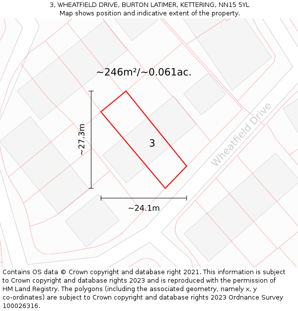 3, WHEATFIELD DRIVE, BURTON LATIMER, KETTERING, NN15 5YL: Plot and title map