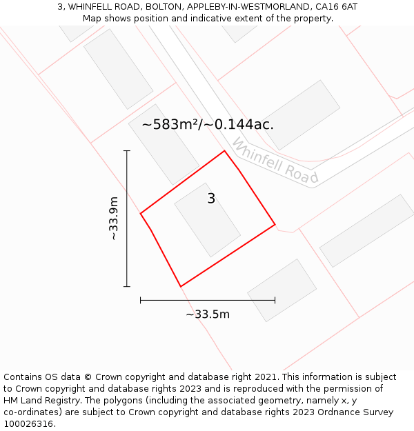 3, WHINFELL ROAD, BOLTON, APPLEBY-IN-WESTMORLAND, CA16 6AT: Plot and title map