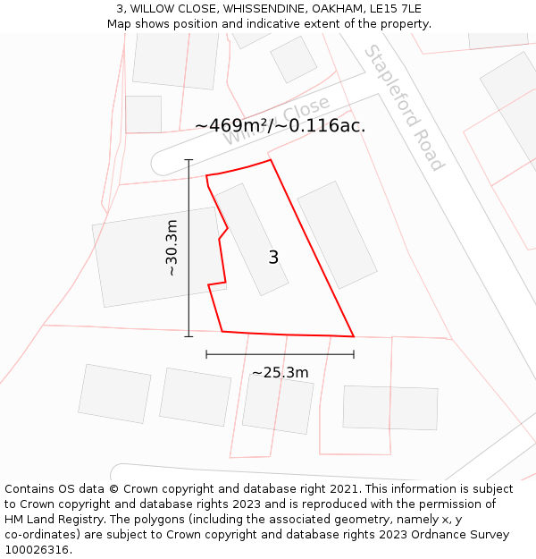 3, WILLOW CLOSE, WHISSENDINE, OAKHAM, LE15 7LE: Plot and title map