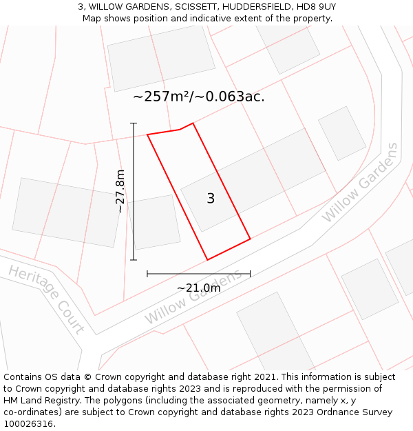 3, WILLOW GARDENS, SCISSETT, HUDDERSFIELD, HD8 9UY: Plot and title map