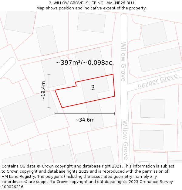 3, WILLOW GROVE, SHERINGHAM, NR26 8LU: Plot and title map