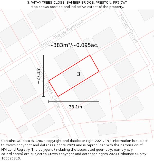 3, WITHY TREES CLOSE, BAMBER BRIDGE, PRESTON, PR5 6WT: Plot and title map