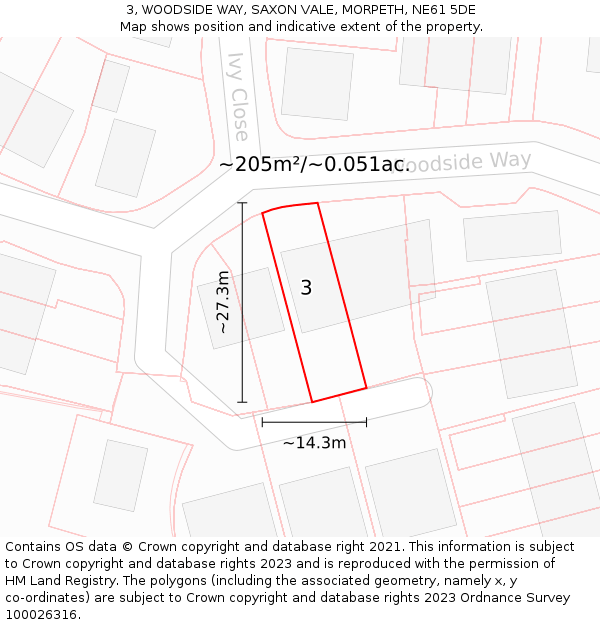 3, WOODSIDE WAY, SAXON VALE, MORPETH, NE61 5DE: Plot and title map