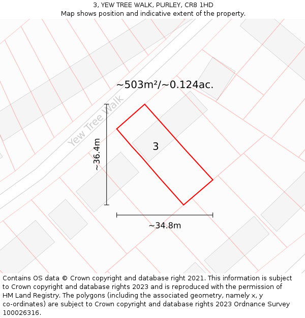 3, YEW TREE WALK, PURLEY, CR8 1HD: Plot and title map