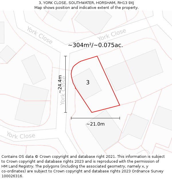 3, YORK CLOSE, SOUTHWATER, HORSHAM, RH13 9XJ: Plot and title map