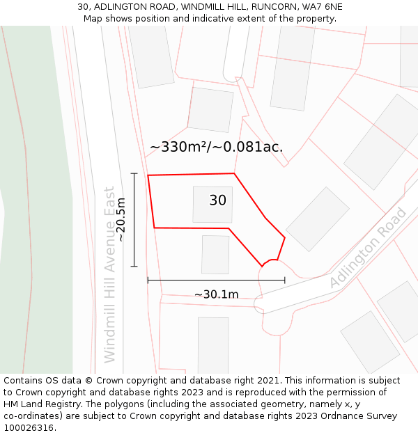 30, ADLINGTON ROAD, WINDMILL HILL, RUNCORN, WA7 6NE: Plot and title map