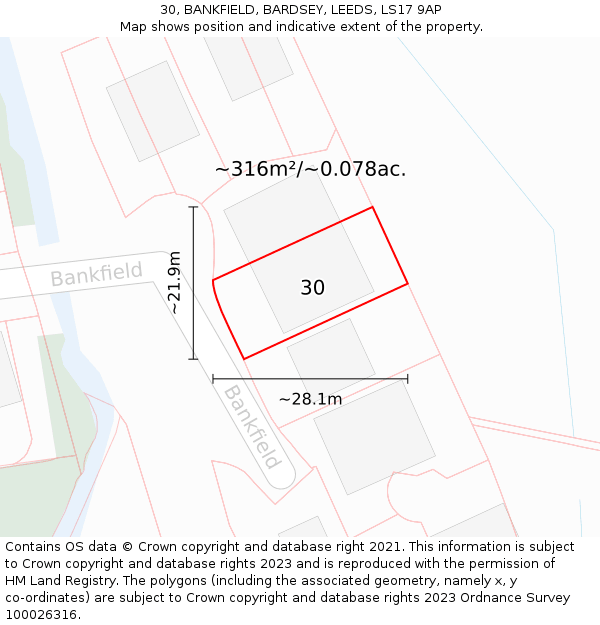 30, BANKFIELD, BARDSEY, LEEDS, LS17 9AP: Plot and title map