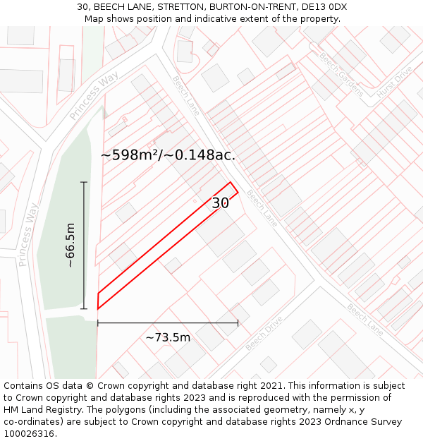 30, BEECH LANE, STRETTON, BURTON-ON-TRENT, DE13 0DX: Plot and title map