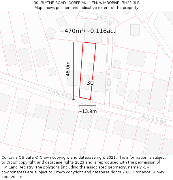 30, BLYTHE ROAD, CORFE MULLEN, WIMBORNE, BH21 3LR: Plot and title map