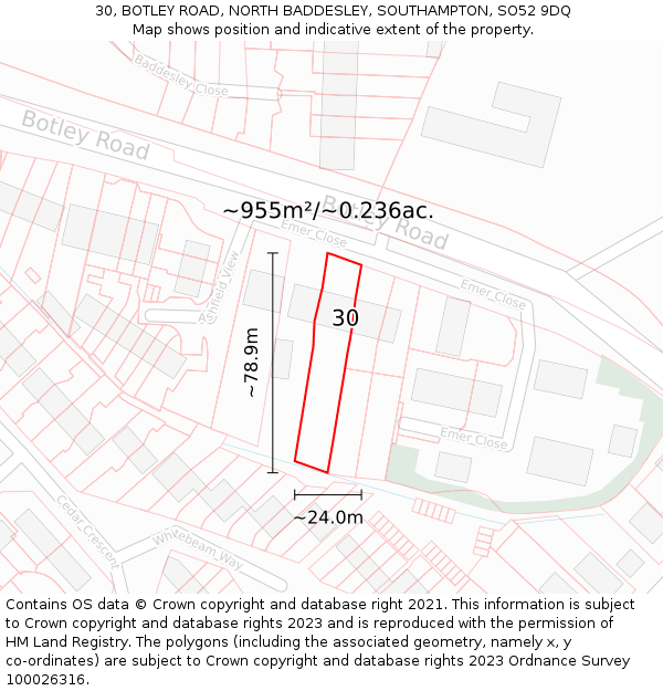 30, BOTLEY ROAD, NORTH BADDESLEY, SOUTHAMPTON, SO52 9DQ: Plot and title map