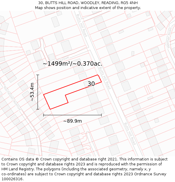 30, BUTTS HILL ROAD, WOODLEY, READING, RG5 4NH: Plot and title map