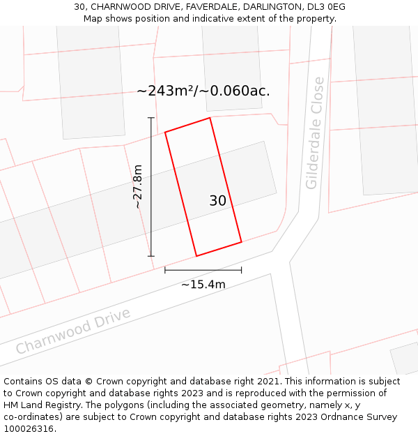 30, CHARNWOOD DRIVE, FAVERDALE, DARLINGTON, DL3 0EG: Plot and title map