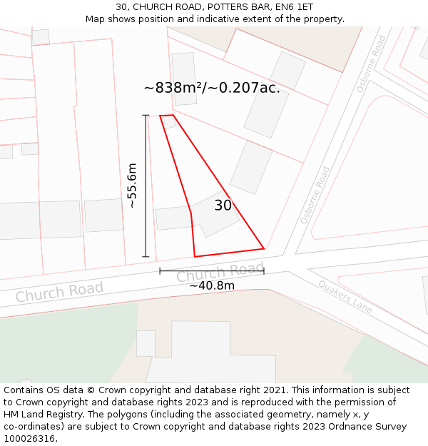 30, CHURCH ROAD, POTTERS BAR, EN6 1ET: Plot and title map