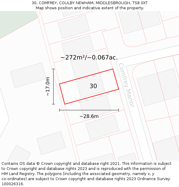 30, COMFREY, COULBY NEWHAM, MIDDLESBROUGH, TS8 0XT: Plot and title map