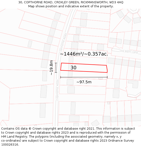 30, COPTHORNE ROAD, CROXLEY GREEN, RICKMANSWORTH, WD3 4AQ: Plot and title map