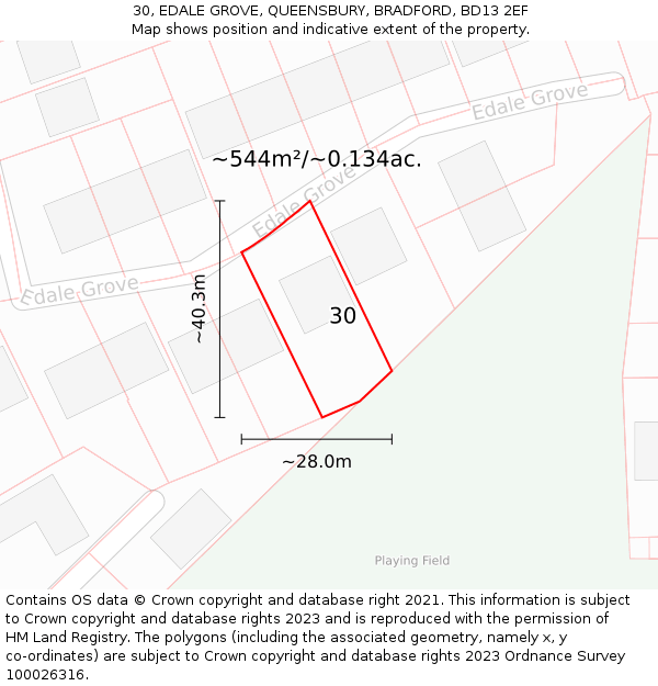 30, EDALE GROVE, QUEENSBURY, BRADFORD, BD13 2EF: Plot and title map