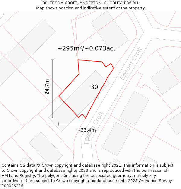 30, EPSOM CROFT, ANDERTON, CHORLEY, PR6 9LL: Plot and title map