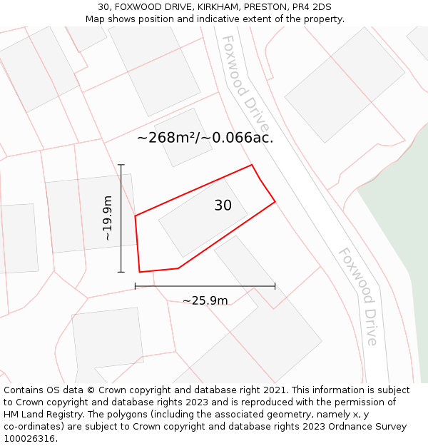 30, FOXWOOD DRIVE, KIRKHAM, PRESTON, PR4 2DS: Plot and title map