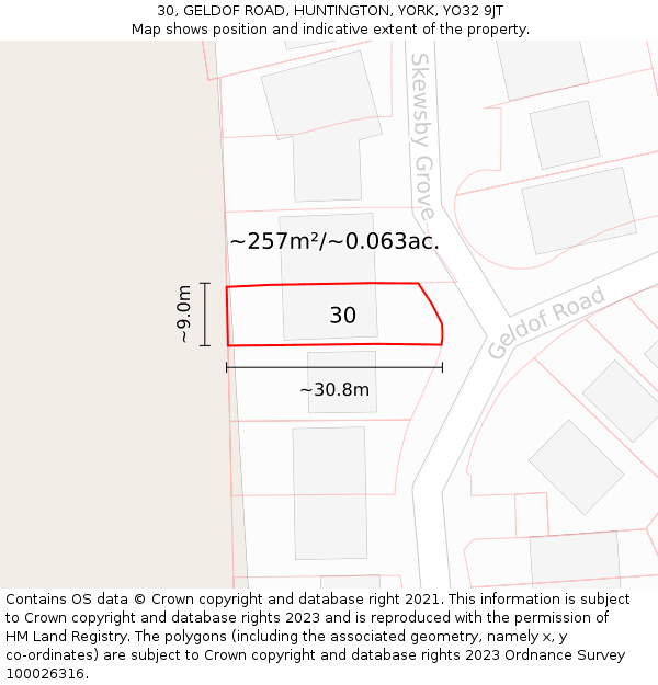 30, GELDOF ROAD, HUNTINGTON, YORK, YO32 9JT: Plot and title map