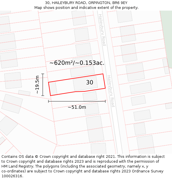 30, HAILEYBURY ROAD, ORPINGTON, BR6 9EY: Plot and title map