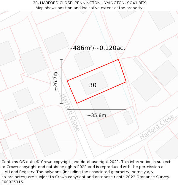 30, HARFORD CLOSE, PENNINGTON, LYMINGTON, SO41 8EX: Plot and title map