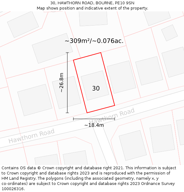 30, HAWTHORN ROAD, BOURNE, PE10 9SN: Plot and title map